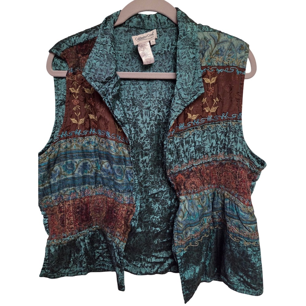 Vintage 90s Silk Floral Brocade Sleeveless Top Teal Green Brown Boho Tank Blouse